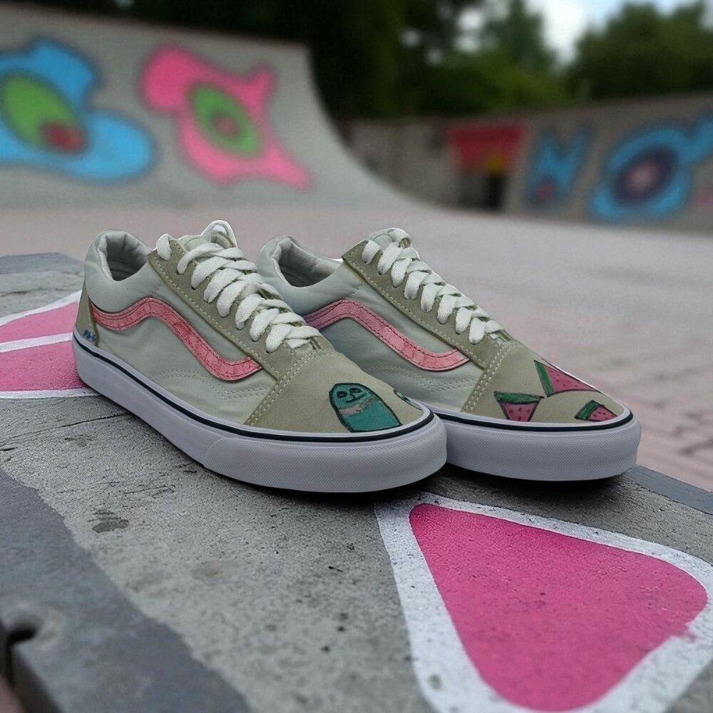 Vans Old Skool‎ Sneakers Unisex M7.5 W9 Sage Green Good Custom Hand Painted Art